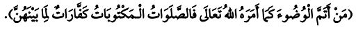 "అల్లాహ్‌ ఆదేశించిన విధంగా సంపూర్ణంగా వుజూ చేసేవారు, వారి ఫర్డ్‌ నమాజులు వాటి మధ్య జరిగే పాపాల ప్రక్షాళనకు కారణభూతమవుతాయి". (ముస్లిం 231).