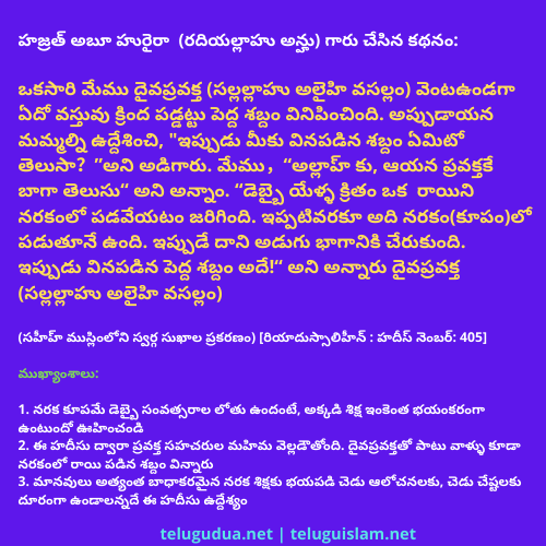హజ్రత్ అబూ హురైరా (రదియల్లాహు అన్హు) గారు చేసిన కథనం: ఒకసారి మేము దైవప్రవక్త (సల్లల్లాహు అలైహి వసల్లం) వెంటఉండగా ఏదో వస్తువు క్రింద పడ్డట్టు పెద్ద శబ్దం వినిపించింది. అప్పుడాయన మమ్మల్ని ఉద్దేశించి, "ఇప్పుడు మీకు వినపడిన శబ్దం ఏమిటో తెలుసా？”అని అడిగారు. మేము，“అల్లాహ్ కు, ఆయన ప్రవక్తకే బాగా తెలుసు“ అని అన్నాం. “డెబ్బై యేళ్ళ క్రితం ఒక రాయిని నరకంలో పడవేయటం జరిగింది. ఇప్పటివరకూ అది నరకం(కూపం)లో పడుతూనే ఉంది. ఇప్పుడే దాని అడుగు భాగానికి చేరుకుంది. ఇప్పుడు వినపడిన పెద్ద శబ్దం అదే!“ అని అన్నారు దైవప్రవక్త (సల్లల్లాహు అలైహి వసల్లం) (సహీహ్ ముస్లింలోని స్వర్గ సుఖాల ప్రకరణం) [రియాదుస్సాలిహీన్ : హదీస్ నెంబర్: 405] ముఖ్యాంశాలు: 1. నరక కూపమే డెబ్బై సంవత్సరాల లోతు ఉందంటే, అక్కడి శిక్ష ఇంకెంత భయంకరంగా ఉంటుందో ఊహించండి 2. ఈ హదీసు ద్వారా ప్రవక్త సహచరుల మహిమ వెల్లడౌతోంది. దైవప్రవక్తతో పాటు వాళ్ళు కూడా నరకంలో రాయి పడిన శబ్దం విన్నారు 3. మానవులు అత్యంత బాధాకరమైన నరక శిక్షకు భయపడి చెడు ఆలోచనలకు, చెడు చేష్టలకు దూరంగా ఉండాలన్నదే ఈ హదీసు ఉద్దేశ్యం